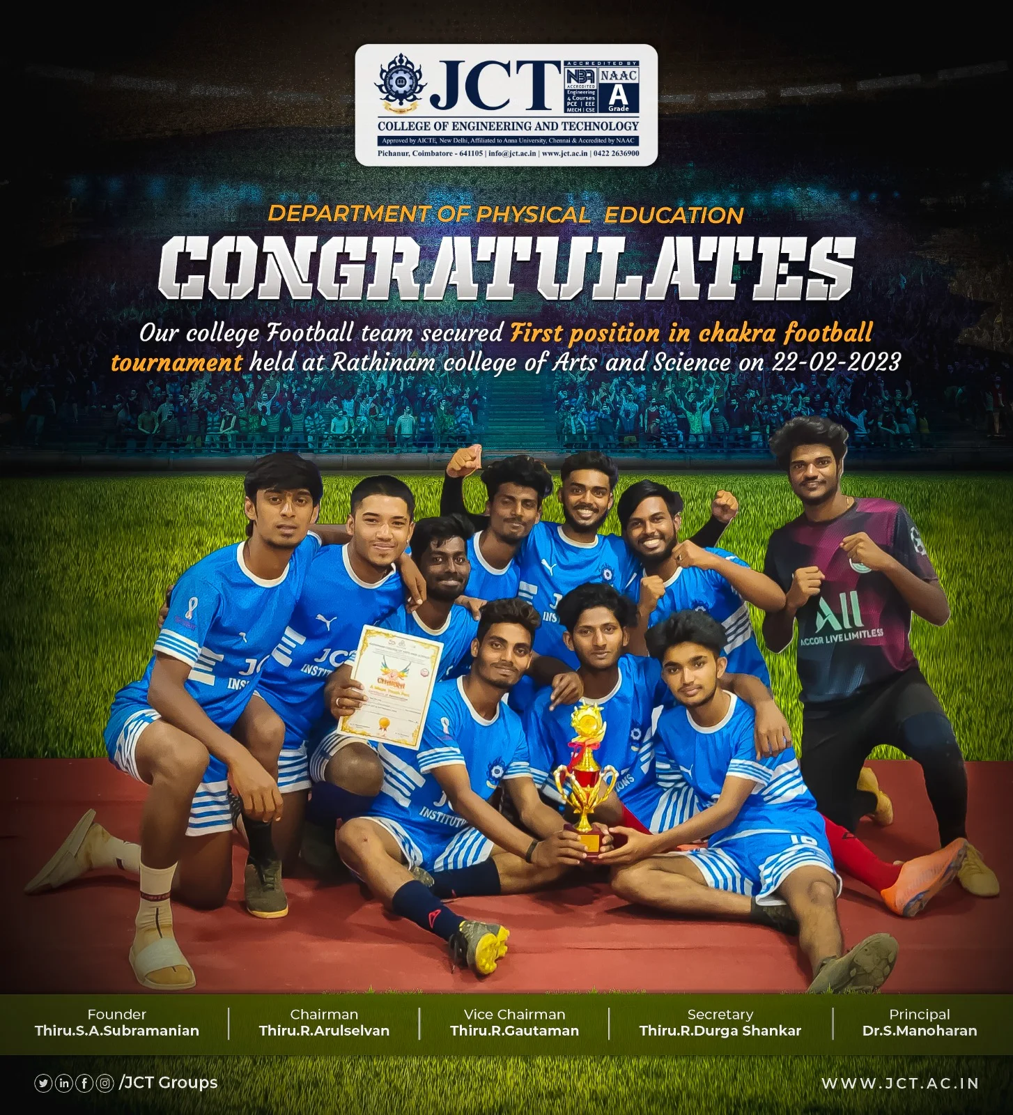 college Football team secured First position in Chakra Football Tournament held at Rathinam College of Arts and Science, Coimbatore on 22-02-23. — photo 3