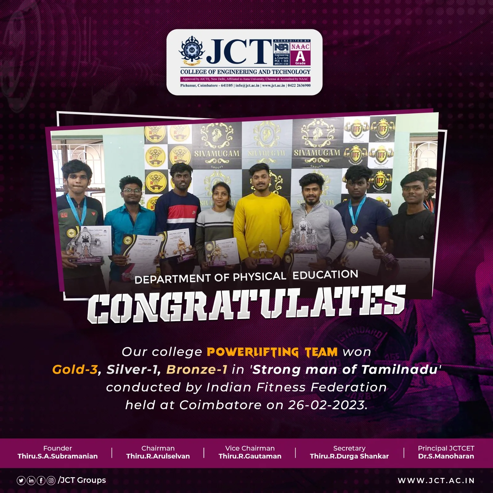 Our college Power Lifting team Won Gold – 3,Silver – 1,Bronze – 1 in ‘STRONG MAN OF TAMILNADU’ Conducted by Indian Fitness Federation held at Coimbatore on 27/02/2023. — photo 2