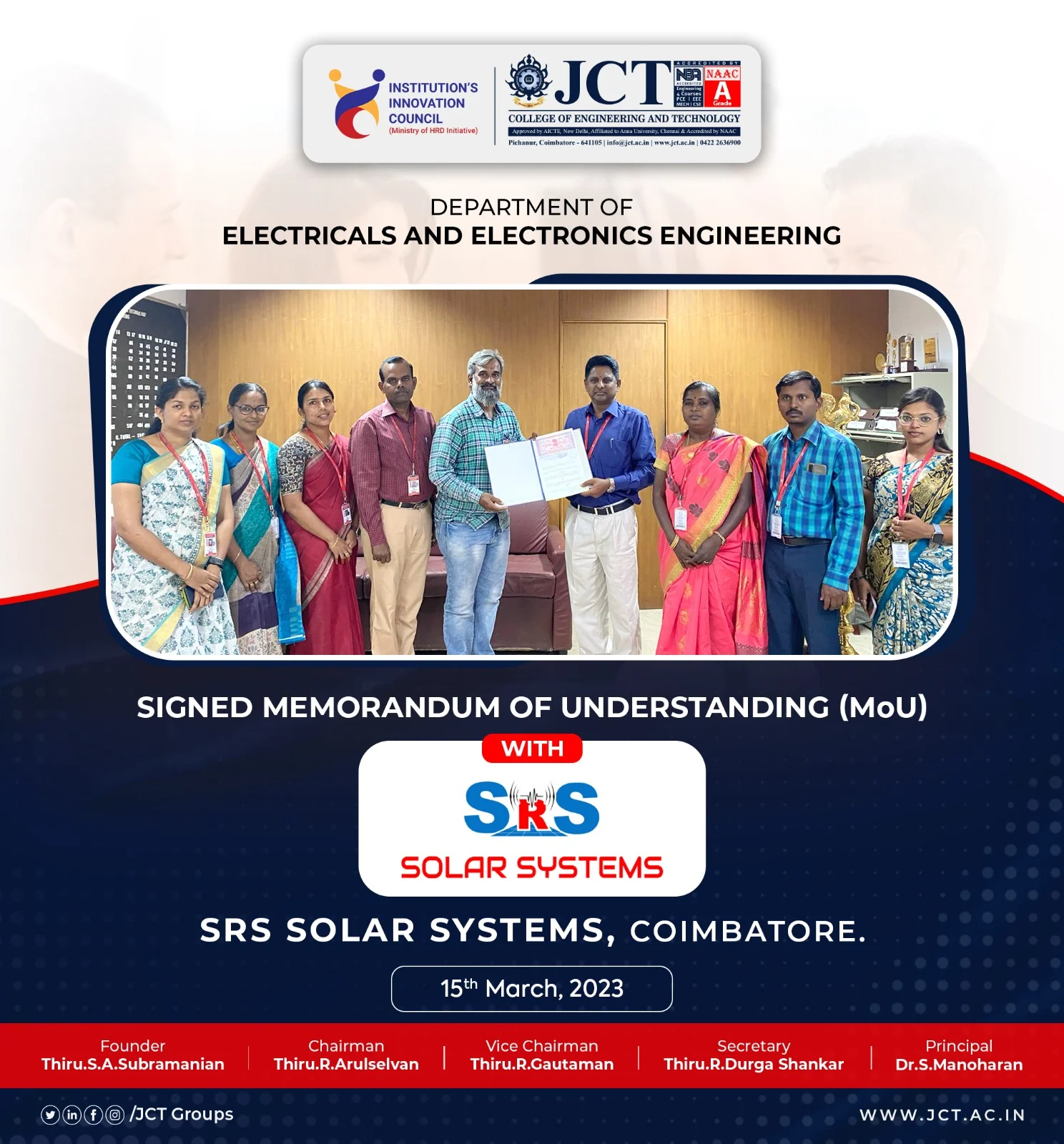Department of Electrical and Electronics Engineering Signed Memorandum of Understanding (MoU) With SRS SOLAR SYSTEMS, Coimbatore on 15th March 2023 — photo 1