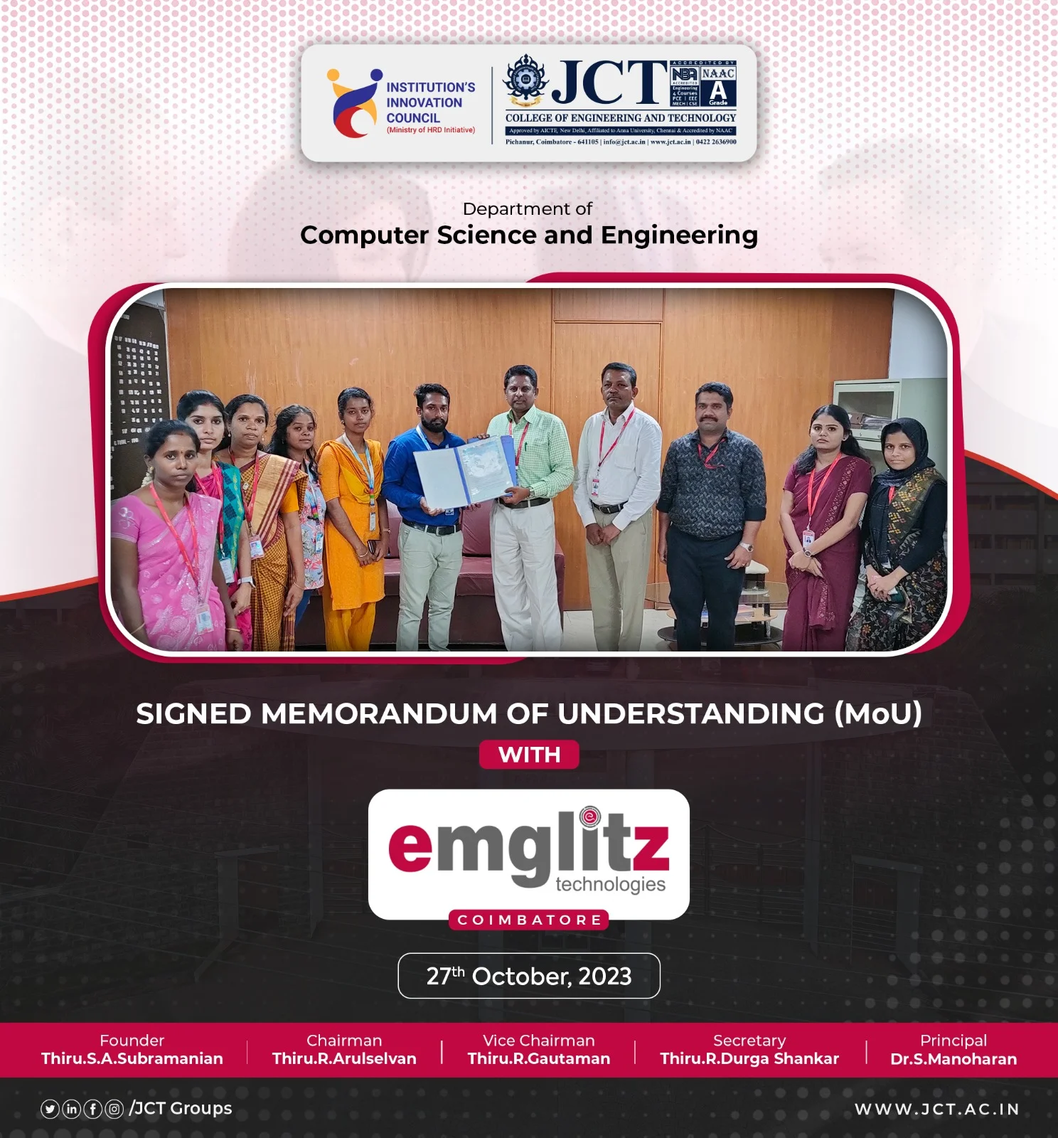 MEMORANDUM of UNDERSTANDING (MoU) is made and entered between the Emglitz Technologies, Coimbatore and Department of Computer Science and Engineering, JCT College of Engineering and Technology — photo 5