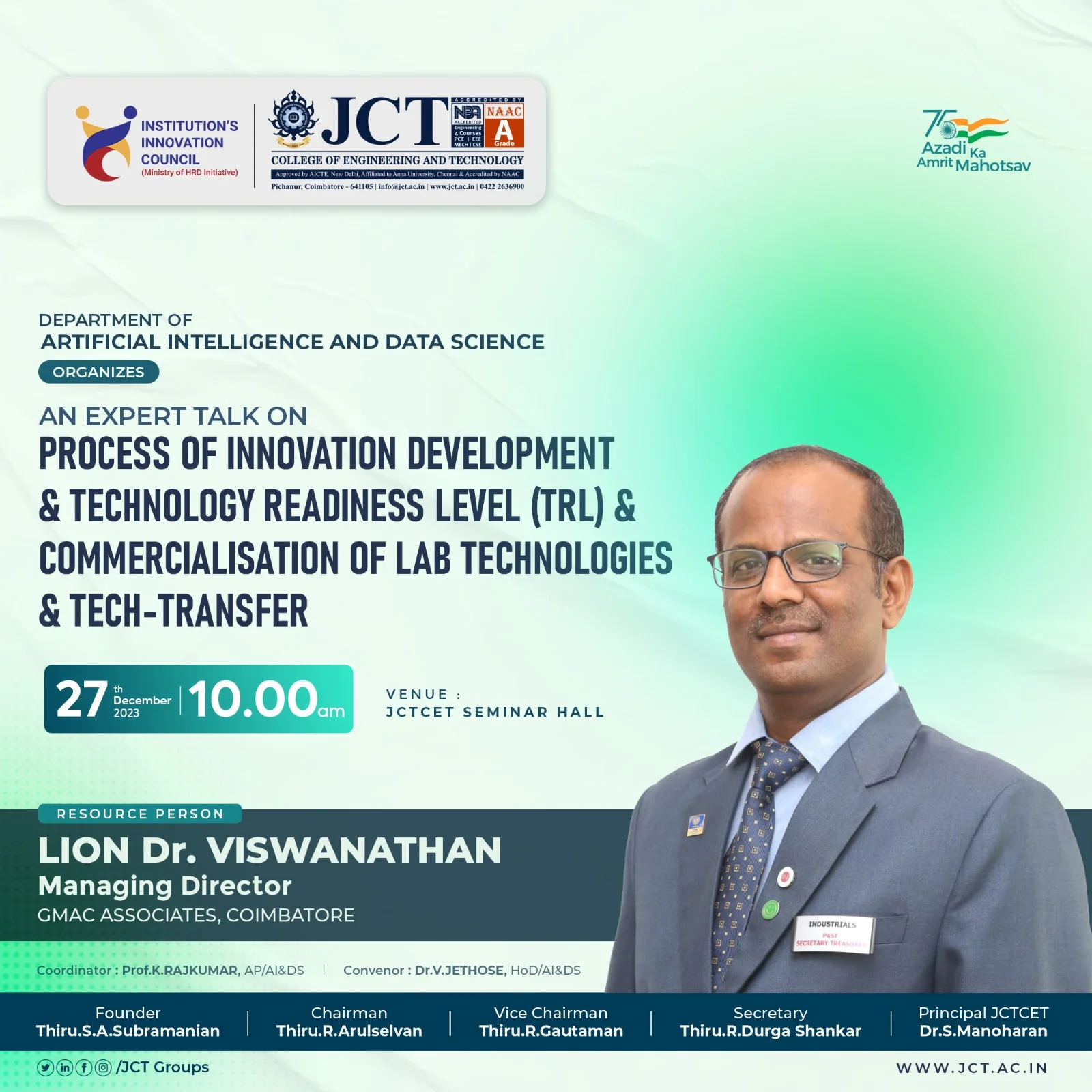 A Seminar on “PROCESS OF INNOVATION DEVELOPMENT &TECHNOLOGY READINESS LEVEL(TRL)&COMMERCIALISATION OF LAB TECHNOLOGIES &TECH-TRANSFER”  on 27.12.2023 — photo 3