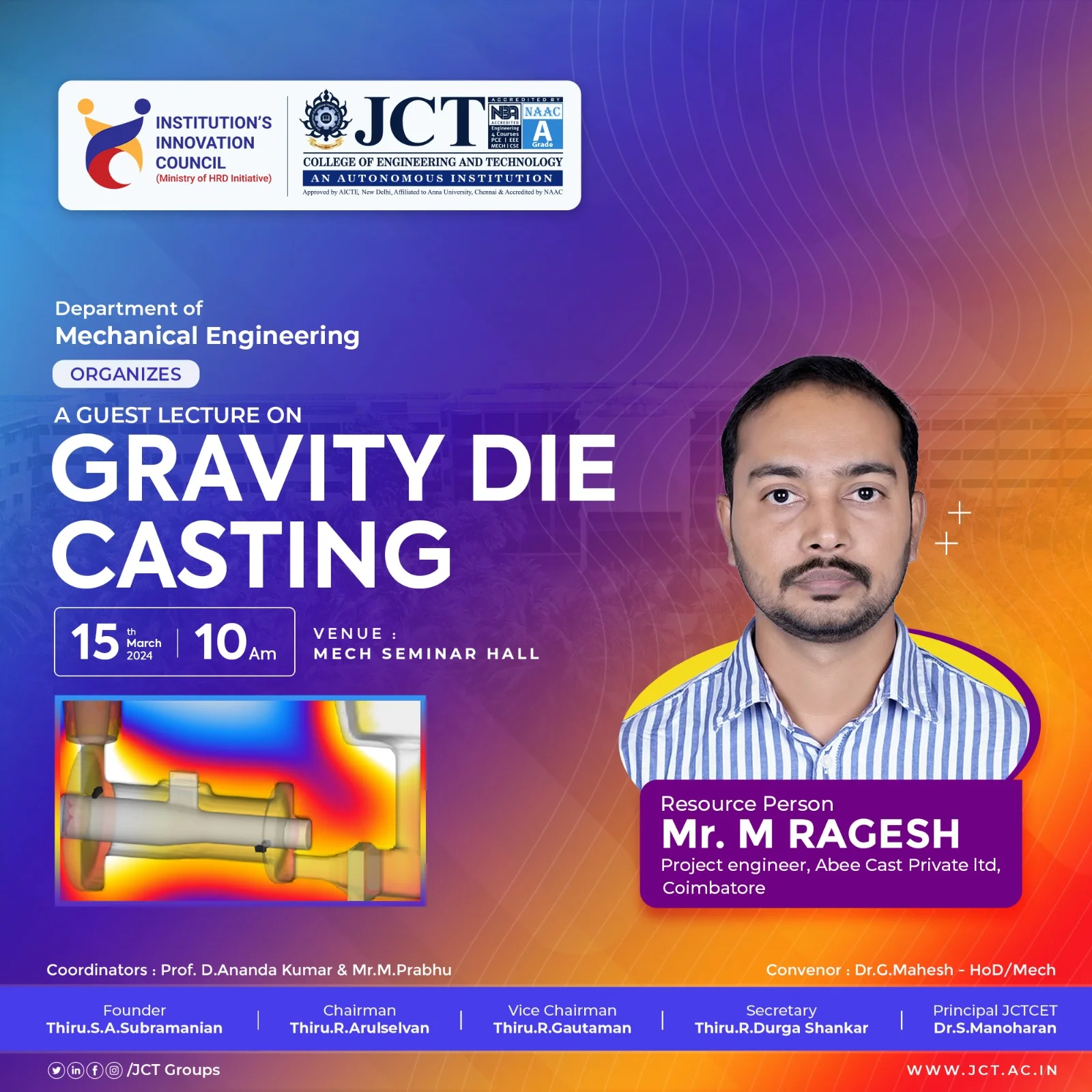 Guest Lecture entitled “GRAVITY DIE CASTING” on 15.03.2024 for imparting basics of Die casting, importance of Die casting  and its application in various Industries. — photo 5