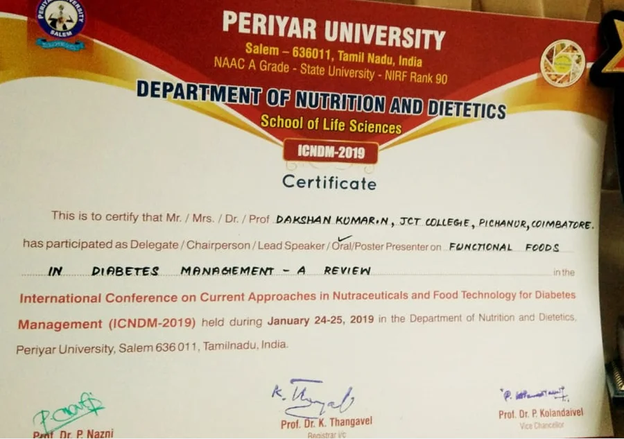 Our Student Dakshan Kumar.n Ill Year B.tech Food Technology Received Best Paper Award in the “international Conference on Current Approaches in Nutraceuticals and Food Technology for Diabetes Management  (ICNDM-2019)” — photo 1