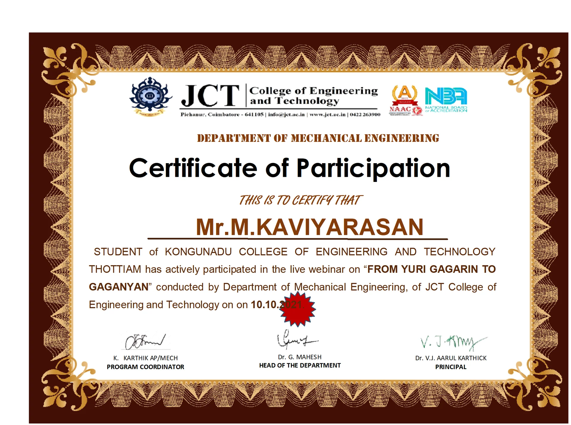 Webinar on “From YURI GAGARIN to GAGANYAN”organized by Department of Mechanical Engineering,JCTCET — photo 1